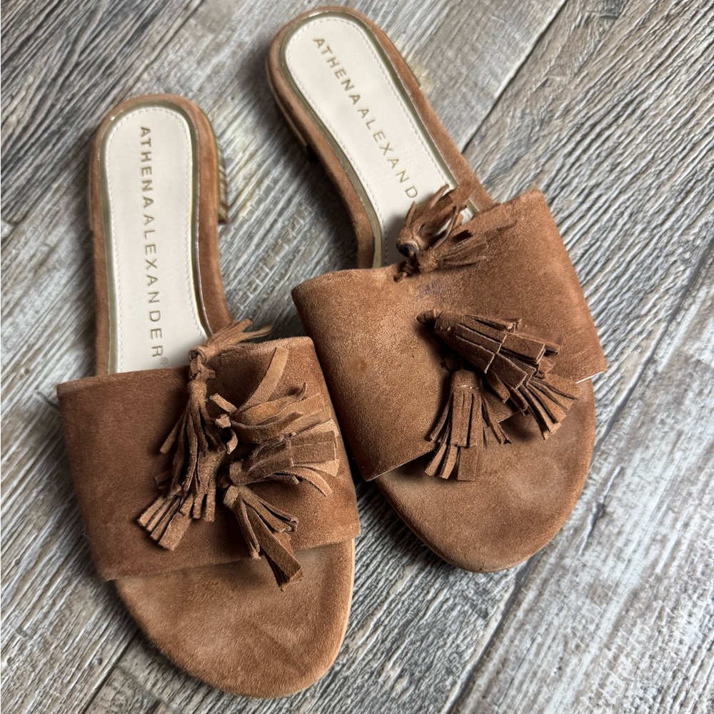 Athena Alexander Brown Suede Mules with Tassels